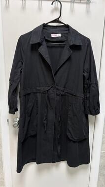 Vintage 80s Style Black Utility Trench Coat Drawstring Cargo Jacket Small S